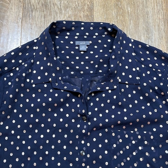 Aerie Navy & Gold Polka Dot Blouse Top Sheer Button Up Size XL EUC Collared - Picture 2 of 13